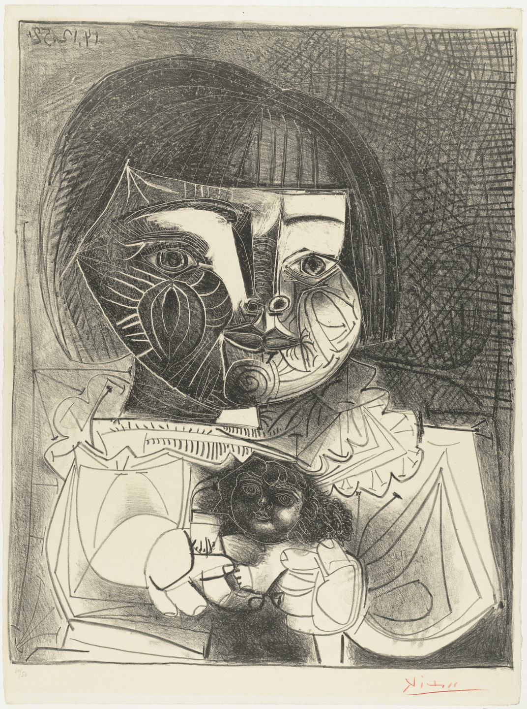 Pablo Picasso. Paloma and Her Doll on Black Background (Paloma et sa poupée sur fond noir). December 14, 1952