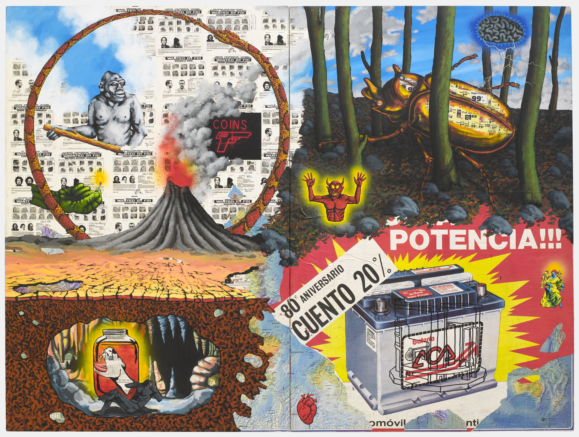 The image features a diverse mix of elements including a volcano, a large beetle, and a devil-like figure. Background colors include blue sky, green trees, and a collage of newspaper clippings with various images and text. This is an AI generated description. To give feedback, email ai@moma.org.