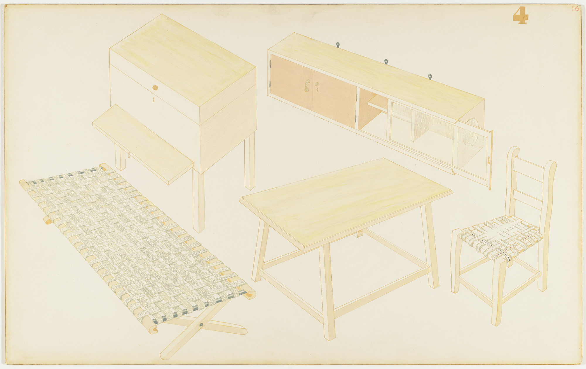 The image depicts five beige-colored furniture pieces on a light background, including a rectangular table, a chair with a woven seat, a bench-like piece with a checked pattern, a wall-mounted cabinet, and an upright cabinet with a fold-down desk. These items are evenly spaced and appear to be lightly shaded. This is an AI generated description. To give feedback, email ai@moma.org.