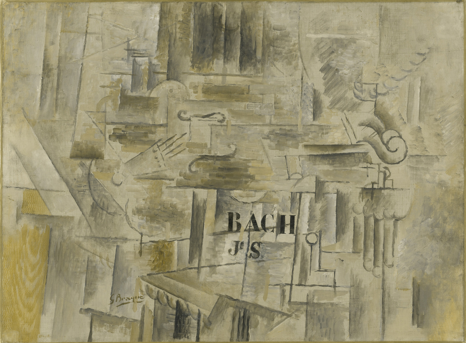 The image features a composition of geometric shapes and fragmented forms in shades of gray, beige, and white. The word "BACH" along with "J S" is prominently displayed near the center. This is an AI generated description. To give feedback, email ai@moma.org.