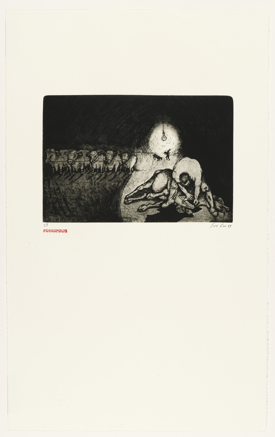 Sue Coe. Sticking, plate 8 from the series Porkopolis. 1989