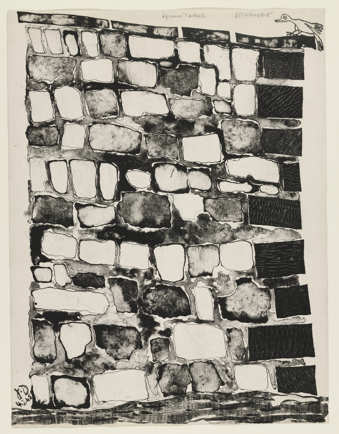 Jean Dubuffet. Bird Perched on the Corner of the Wall (Angle de mur à l&#39;oiseau perché) from the supplementary suite for the book Les Murs by Eugène Guillevic_ _. 1945