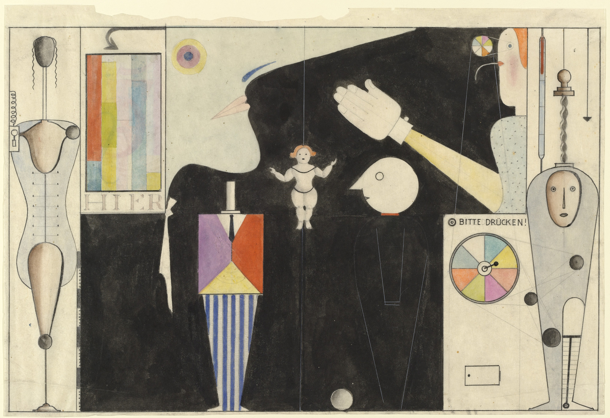 The image features geometric human-like figures with black, white, red, yellow, blue, and purple predominant colors. There are various shapes and patterns, including vertical lines, a multicolored bar chart, and a circular color wheel. This is an AI generated description. To give feedback, email ai@moma.org.
