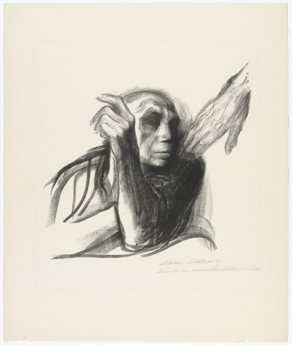 The image depicts a darkly shaded, sketch-like figure with deep, hollow eyes and a distressed expression. The predominant colors are black and white, with heavy use of shadows and lines. This is an AI generated description. To give feedback, email ai@moma.org.