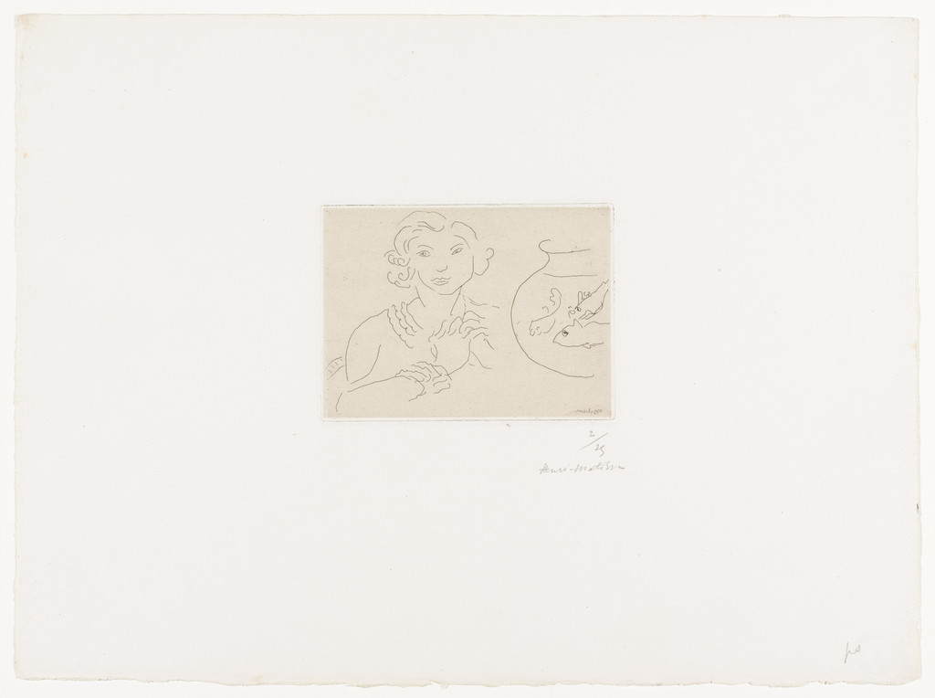 Young Woman, Hands Crossed Beside a Fish Bowl (Jeune femme, mains croisées près d'un bocal de po poissons)