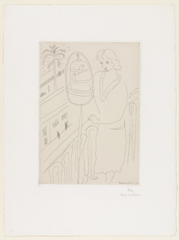 Young Woman on Balcony, Looking at Parakeets (Jeune femme au balcon, observant des perruches)