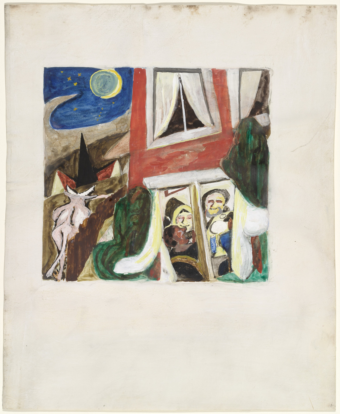 A painting features a red building with a window showing two figures inside facing us, one smiling and the other holding an object, and two in profile or with their back facing us. The night sky in the background has a crescent moon and stars. This is an AI generated description. To give feedback, email ai@moma.org.