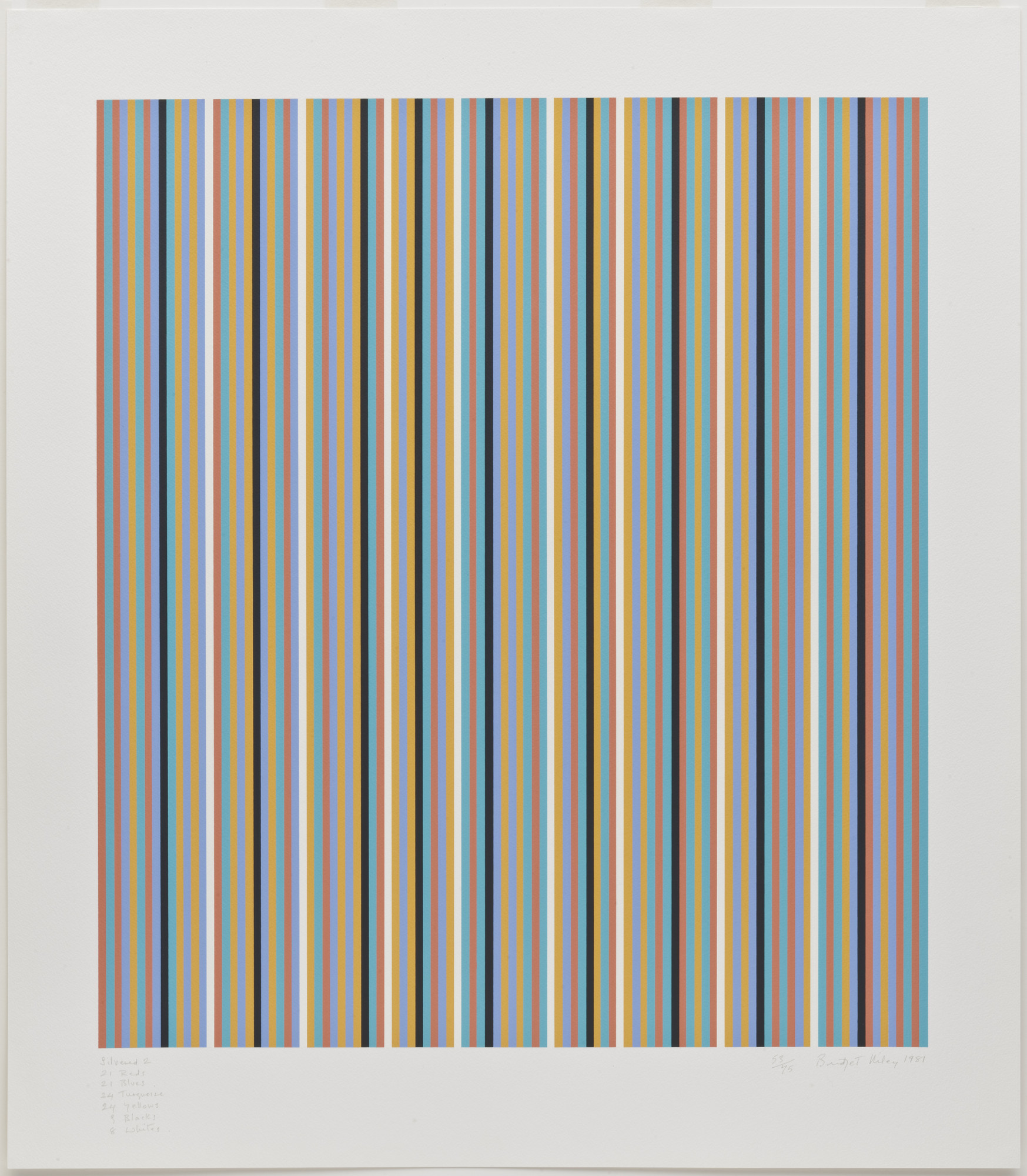 Bridget Riley. Silvered 2 (21 Reds, 21 Blues, 24 Turquoises, 24 Yellows, 9 Blacks, 8 Whites)