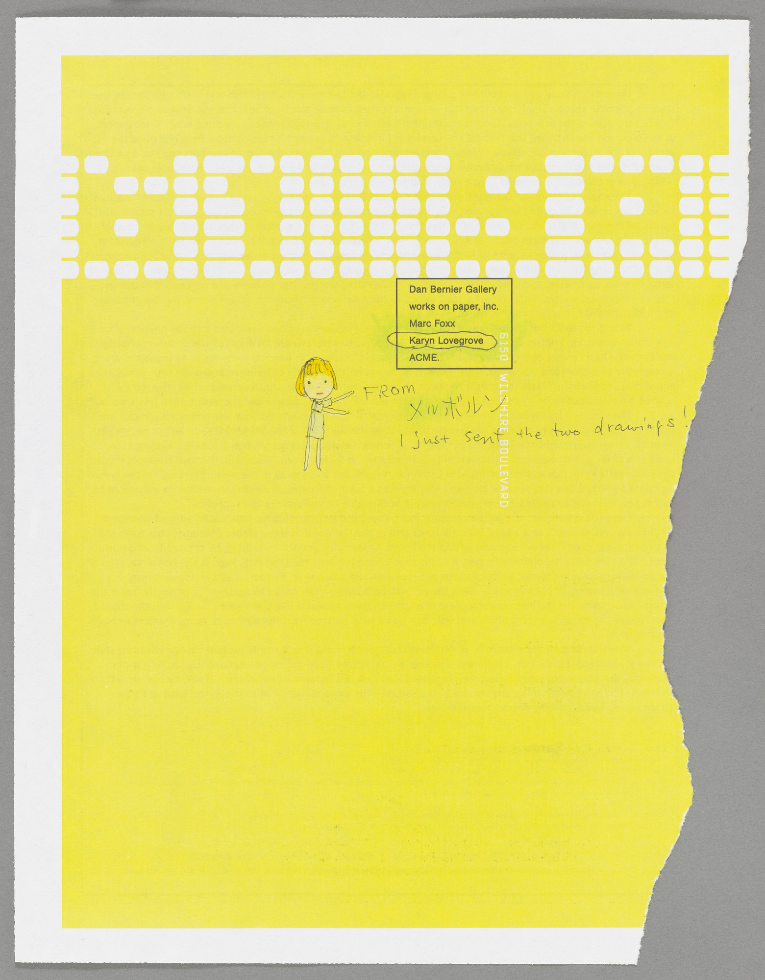 Yoshitomo Nara. Untitled (Drawing of girl on yellow paper) from the series Time of My Life