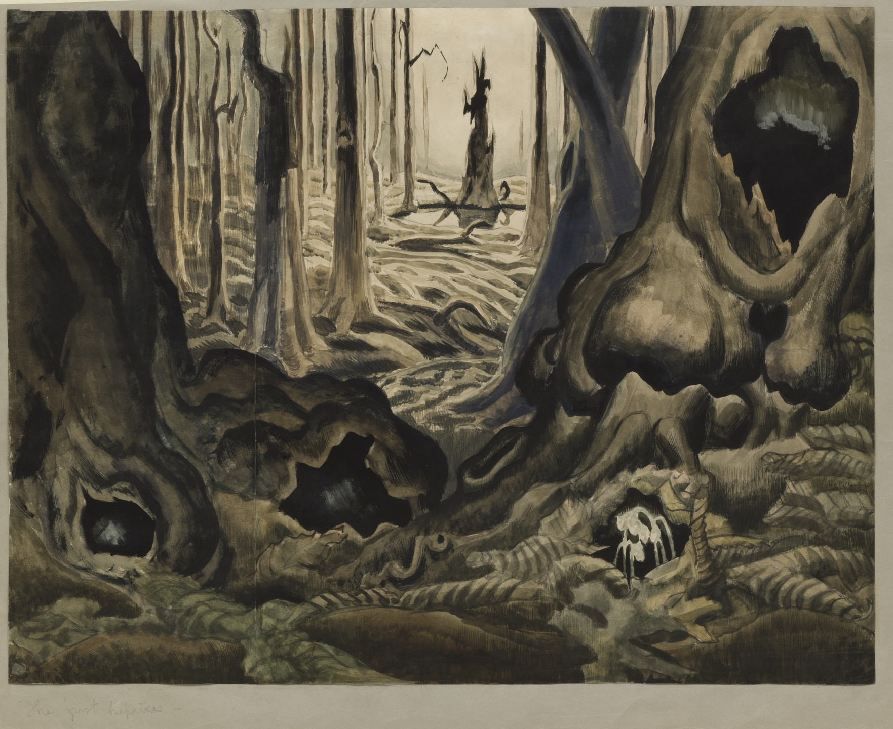 The image depicts a forest with tall, leafless trees and large hollowed-out tree trunks in grey, black and brown, backed by a light background. The foreground is covered with wavy tree roots. This is an AI generated description. To give feedback, email ai@moma.org.