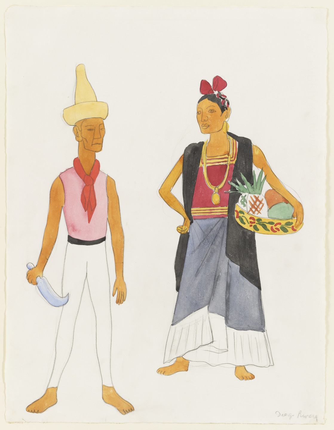 Diego Rivera. Two Standing Mexican Figures (Fruit Vendors from Tehuantepec). Costume design for the ballet H.P. (Horsepower). c.1927–32