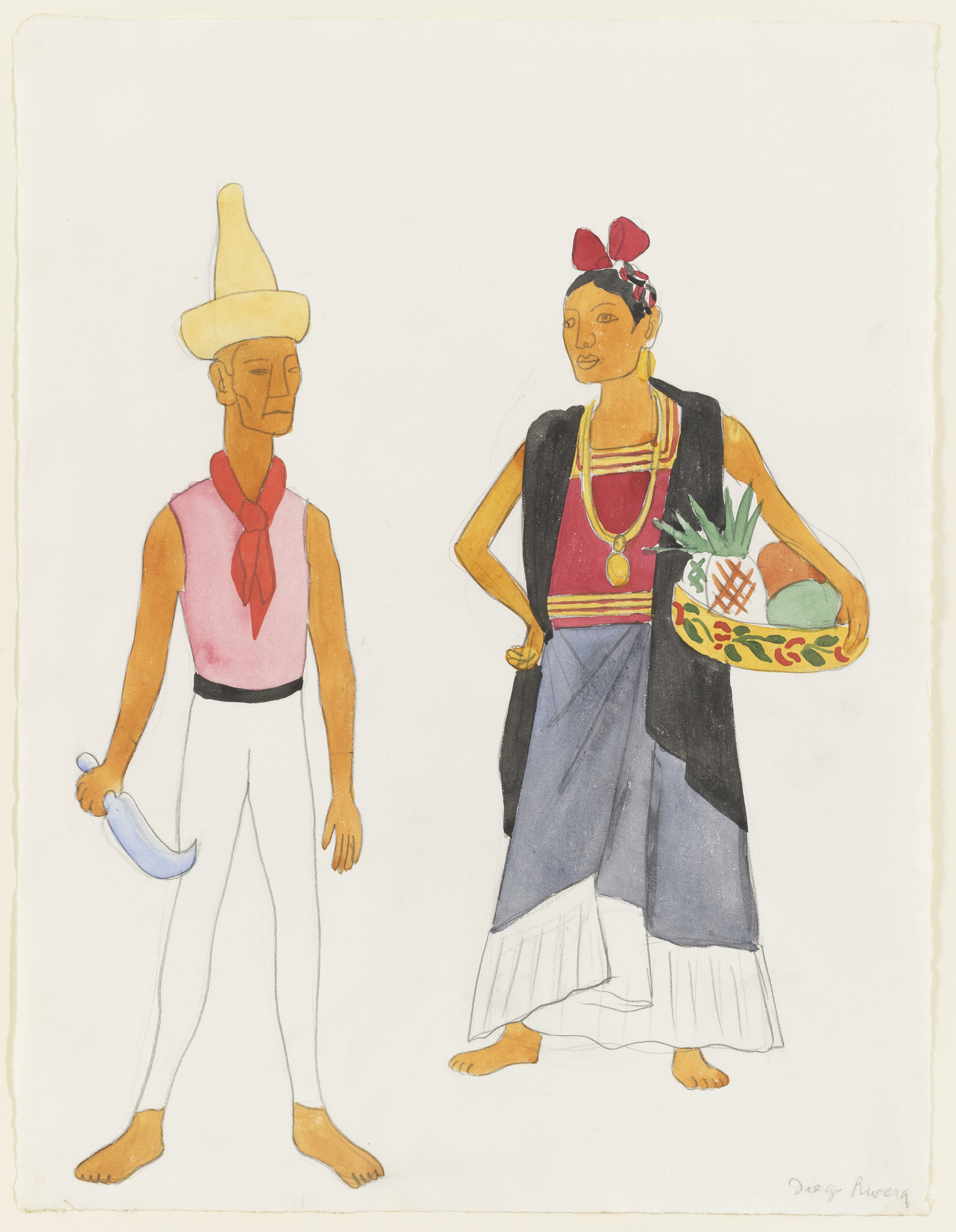 Diego Rivera. Two Standing Mexican Figures (Fruit Vendors from Tehuantepec). Costume design for the ballet H.P. (Horsepower)