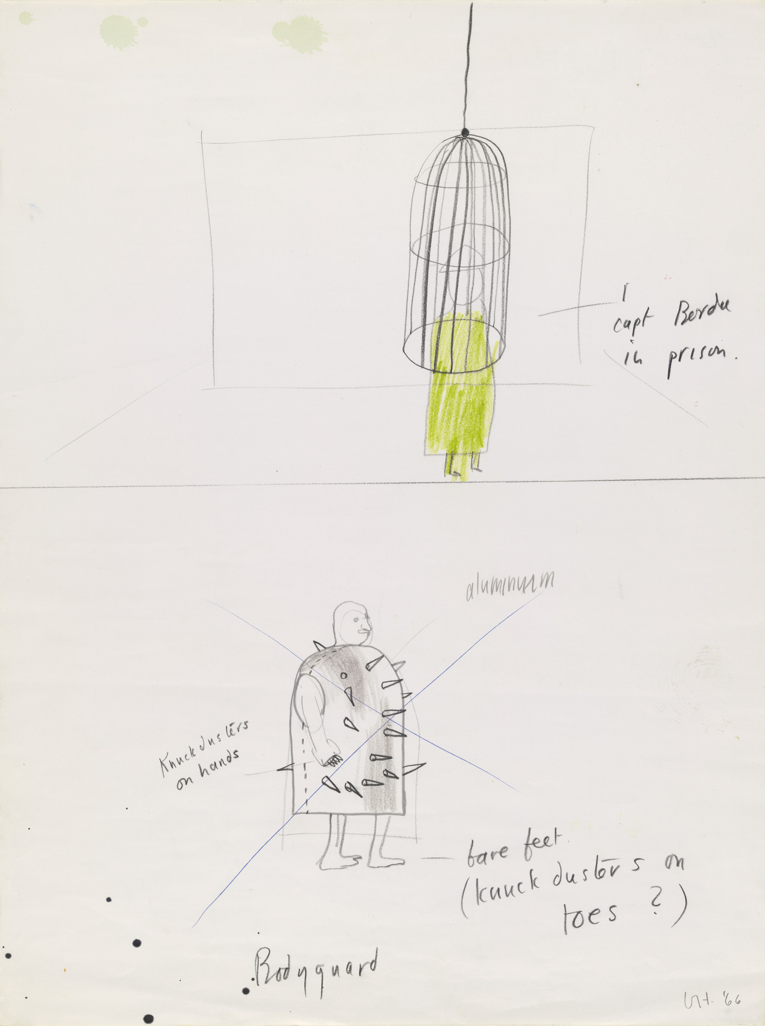 David Hockney. Captain Bordure in prison and Bodyguard (crossed out). Costume designs for the play Ubu Roi