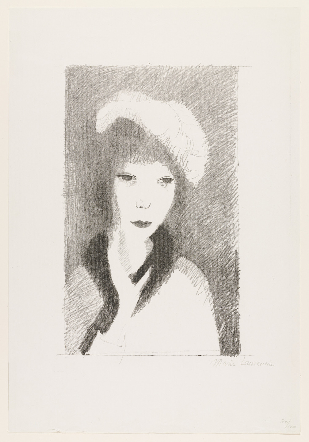 A grayscale image depicts the head and shoulders of a person with dark hair, large eyes, and full lips. The background is heavily shaded, and the figure appears to be wearing a light-hued garment and a hat. This is an AI generated description. To give feedback, email ai@moma.org.