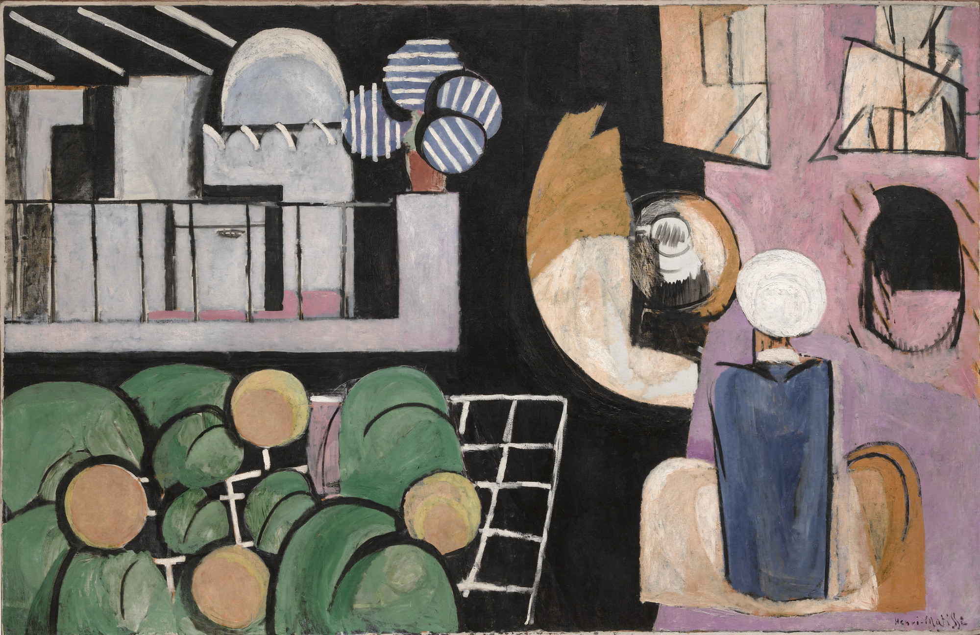 A painting with predominantly black, green, and purple colors features a section with curved green forms at the bottom left and a figure in blue and white on the right. Geometric shapes, striped patterns, and a partial balcony are visible in the background. This is an AI generated description. To give feedback, email ai@moma.org.