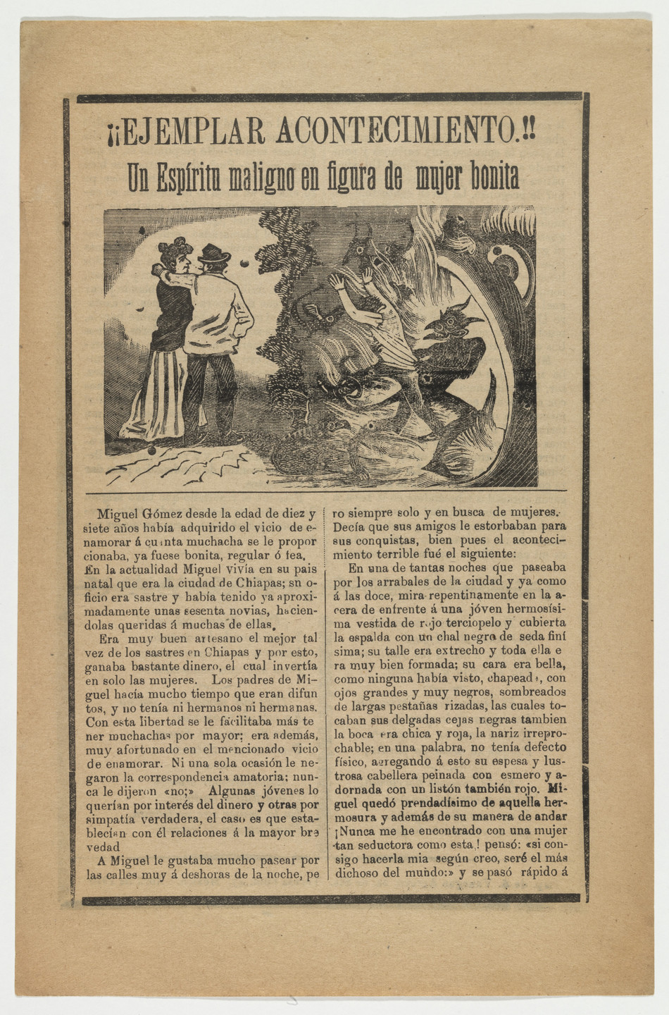 José Guadalupe Posada. Ejemplar Acontecimiento! Un Espiritu maligno en figura de mujer bonita. April 1910