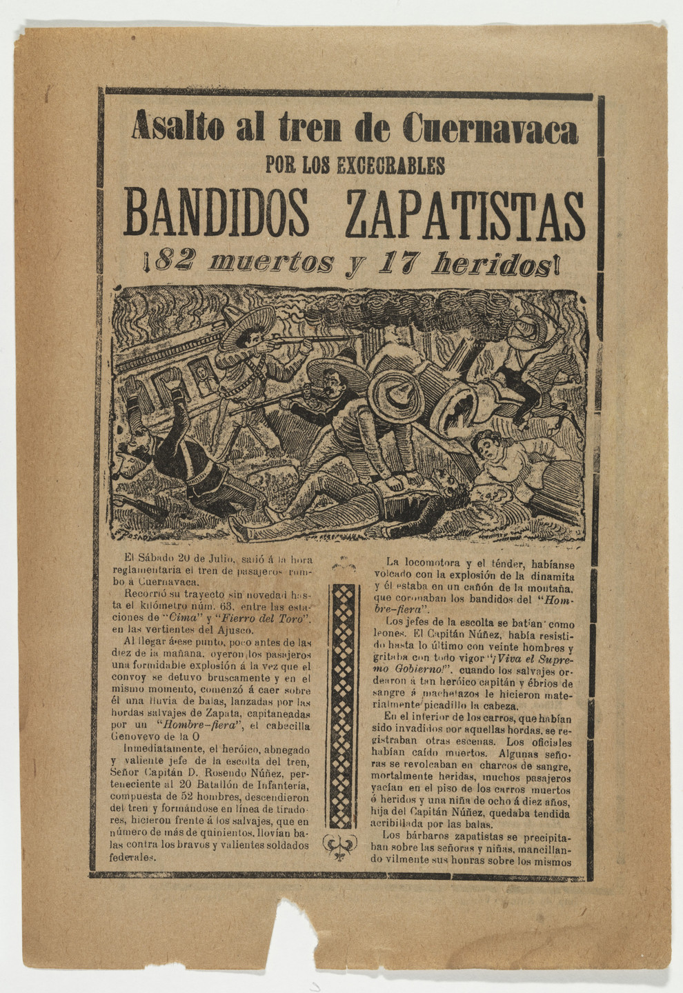 José-Guadalupe Posada. Assault on the Train from Cuernavaca by those execrable bandit Zapatistas (Asalto al tren de Cuernavaca por los excecrables bandidos Zapatistas). printed 1910