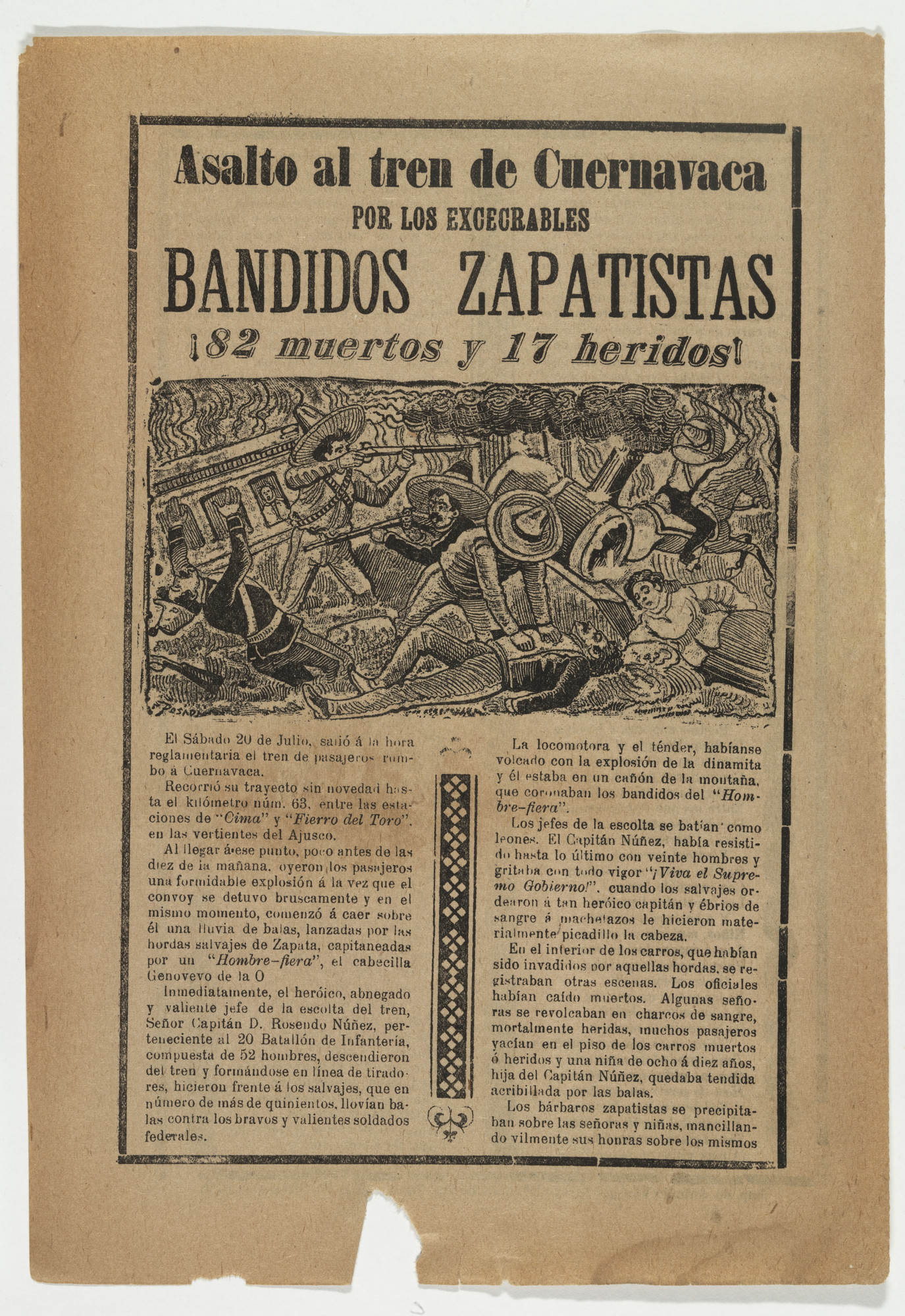 José Guadalupe Posada. Assault on the Train from Cuernavaca by those execrable bandit Zapatistas (Asalto al tren de Cuernavaca por los excecrables bandidos Zapatistas)