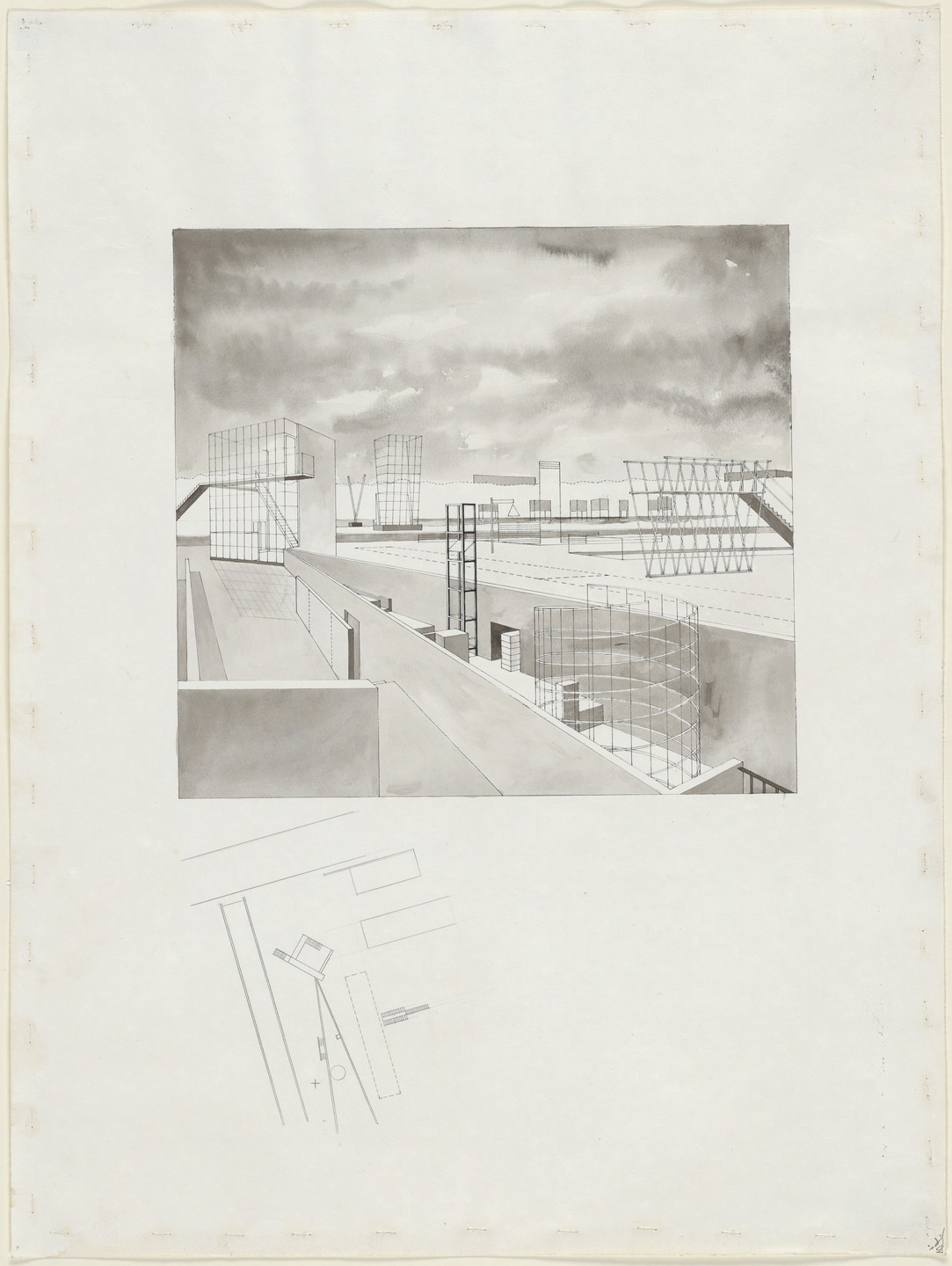 Steven Holl. Porta Vittoria, project, Milan, Italy, Garden of Sounds, perspective and plan. 1986