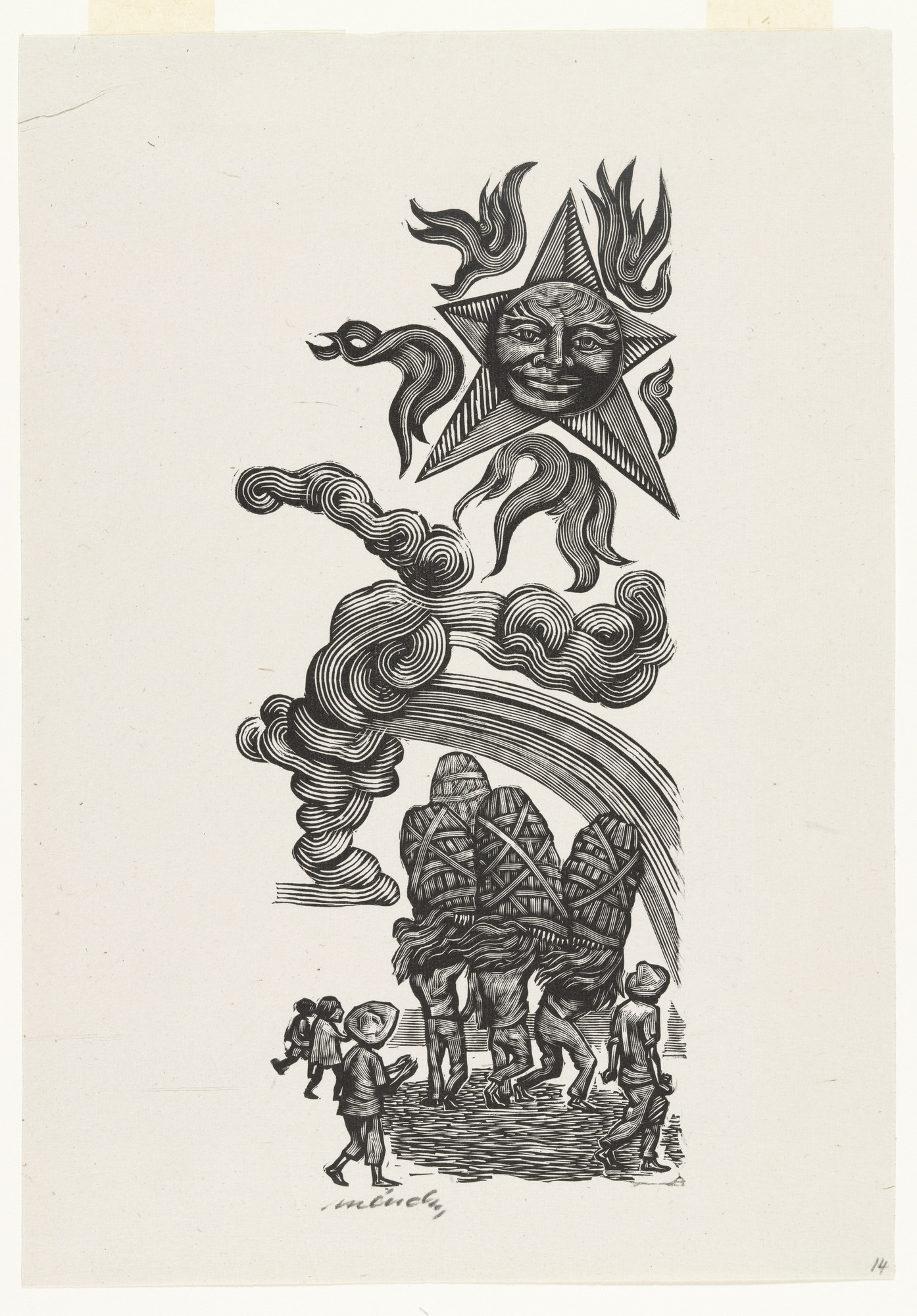 Leopoldo Méndez. The Sun, the Rainbow and Dancers (Sol, arcoiris y danzantes), plate 14, from the portfolio Méndez: 25 Prints [illustrations for the book "Incidentes Melódicos del Mundo Irracional" by Juan de la Cabada]
