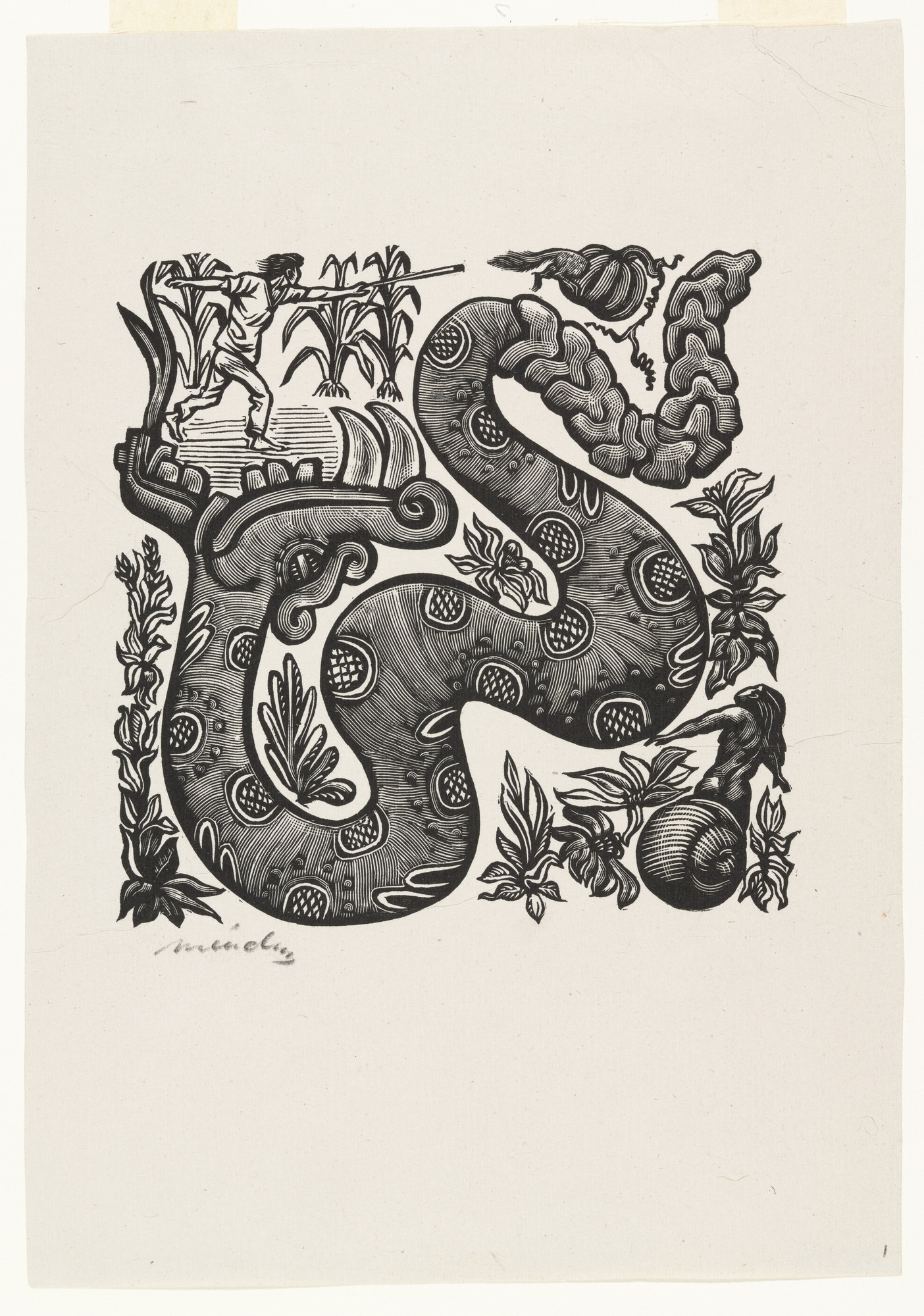 Leopoldo Méndez. The Serpent (Serpiente), plate 1, from the portfolio Méndez: 25 Prints [illustrations for the book "Incidentes Melódicos del Mundo Irracional" by Juan de la Cabada]
