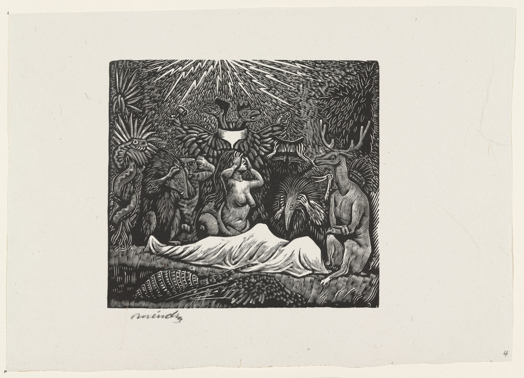 Leopoldo Méndez. Funeral Rites in the Forest (Honras funebres en la selvas), plate 4, from the portfolio Méndez: 25 Prints [illustrations for the book "Incidentes Melódicos del Mundo Irracional" by Juan de la Cabada]