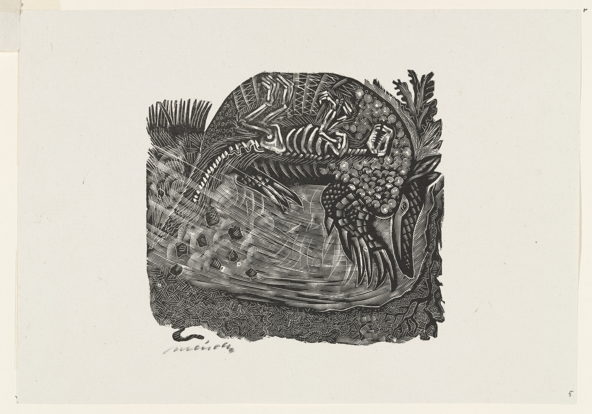 Leopoldo Méndez. The Armadillo Completes the Task (El Armadillo cumple con su tarea), plate 5, from the portfolio Méndez: 25 Prints [illustrations for the book "Incidentes Melódicos del Mundo Irracional" by Juan de la Cabada]