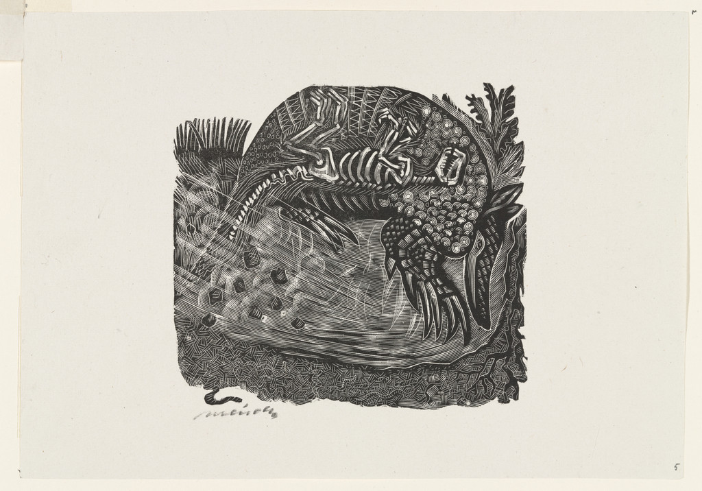 The Armadillo Completes the Task (El Armadillo cumple con su tarea), plate 5, from the portfolio Méndez: 25 Prints [illustrations for the book "Incidentes Melódicos del Mundo Irracional" by Juan de la Cabada]