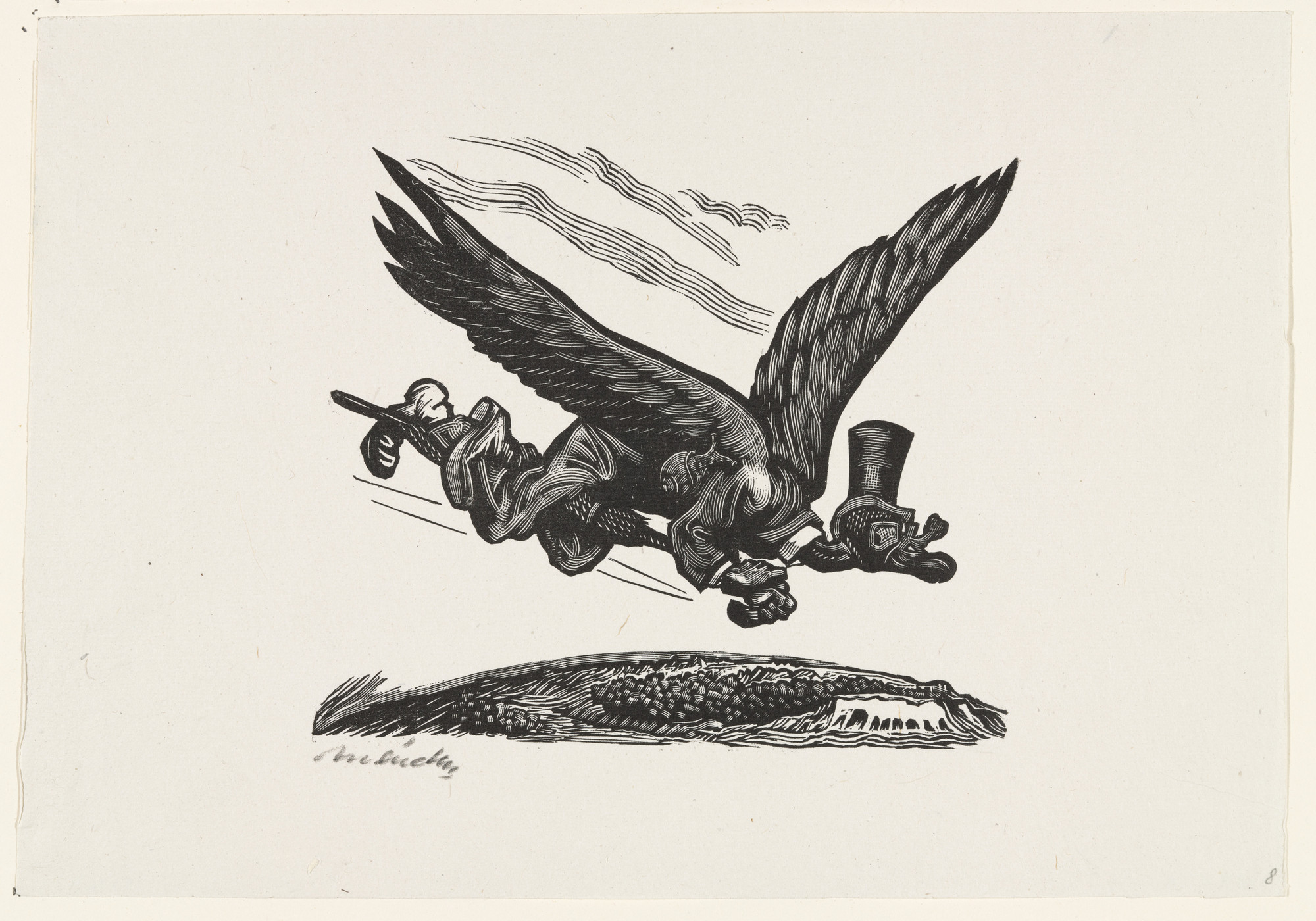 Leopoldo Méndez. Flying for World Conquest (Vuelo para conquistar el Mundo), plate 8, from the portfolio Méndez: 25 Prints [illustrations for the book "Incidentes Melódicos del Mundo Irracional" by Juan de la Cabada]