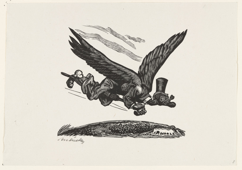 Flying for World Conquest (Vuelo para conquistar el Mundo), plate 8, from the portfolio Méndez: 25 Prints [illustrations for the book "Incidentes Melódicos del Mundo Irracional" by Juan de la Cabada]