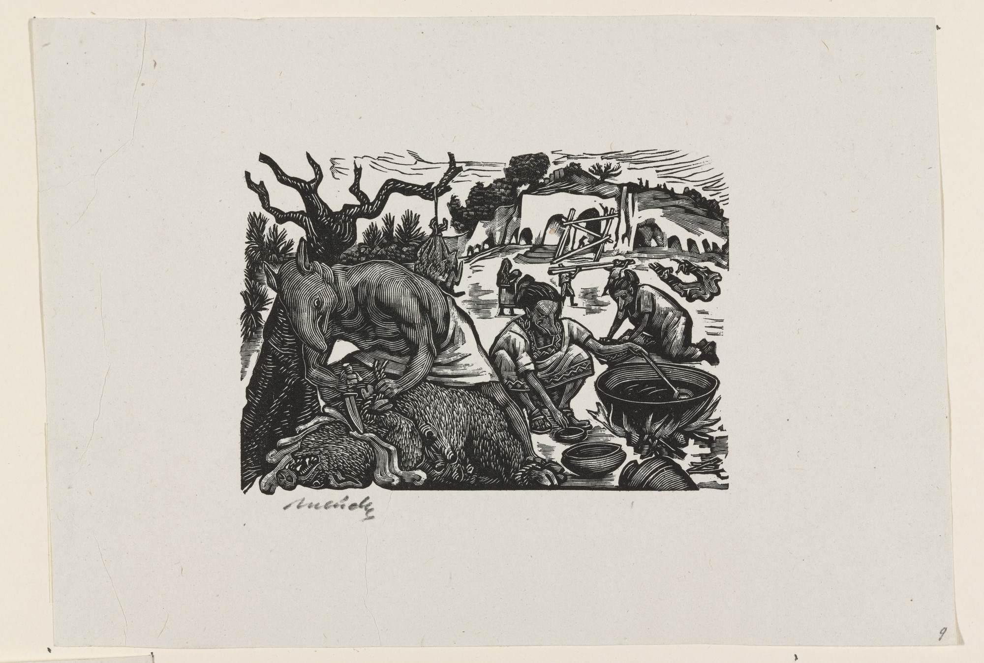 Leopoldo Méndez. Preparing the Feast in Animal-land (Preparando el festin en Animaletania), plate 9, from the portfolio Méndez: 25 Prints [illustrations for the book "Incidentes Melódicos del Mundo Irracional" by Juan de la Cabada]