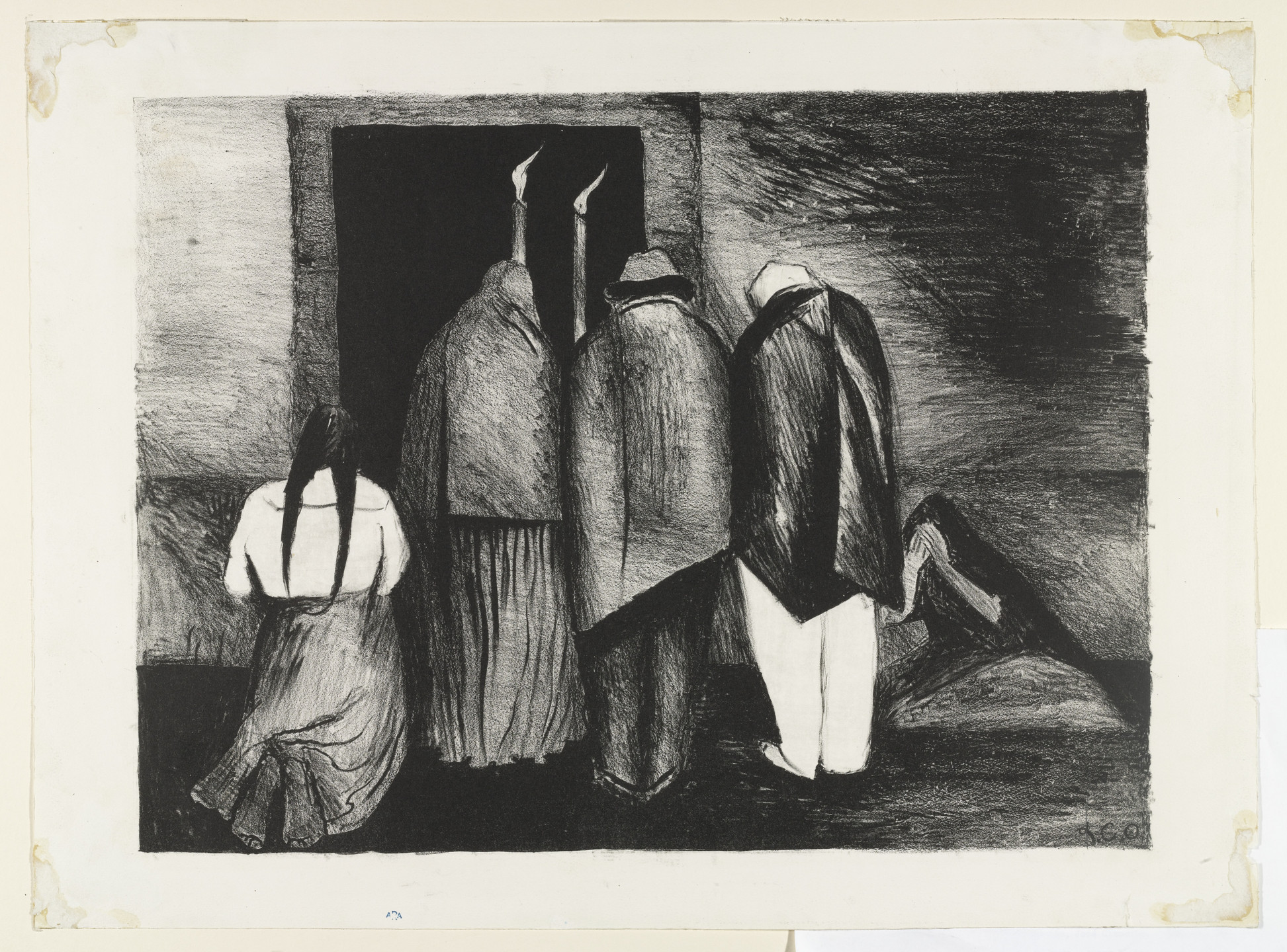 The image shows five figures with dark, cloaked forms and elongated shapes against a black background. Predominant colors are black and white, with strong contrasts and shadowed details. This is an AI generated description. To give feedback, email ai@moma.org.