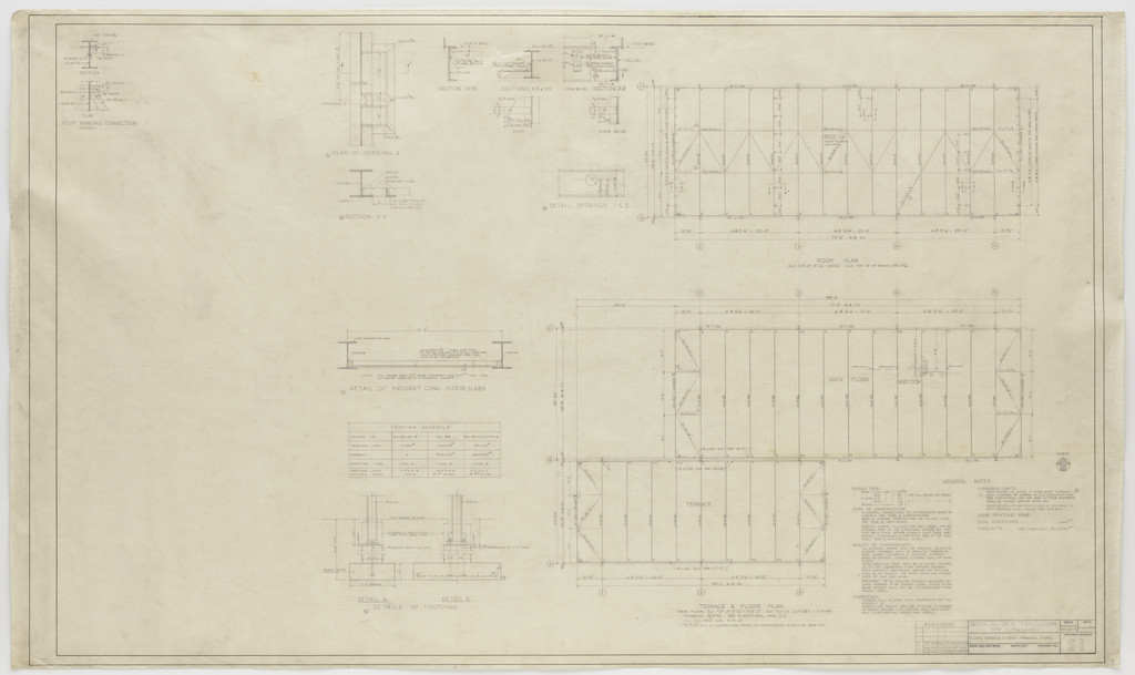 Farnsworth House, Plano, Illinois (Floor, terrace and roof framing plans)