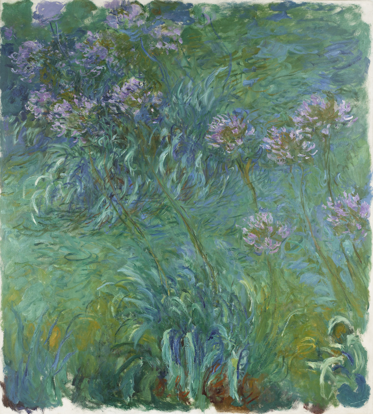 The image depicts a green field with clusters of lavender flowers scattered throughout. The scene is dominated by varying shades of green with highlights of purple and blue. This is an AI generated description. To give feedback, email ai@moma.org.