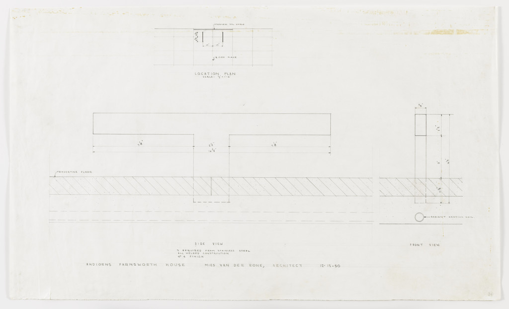 Farnsworth House, Plano, Illinois (Andirons detail. Section, plan.)