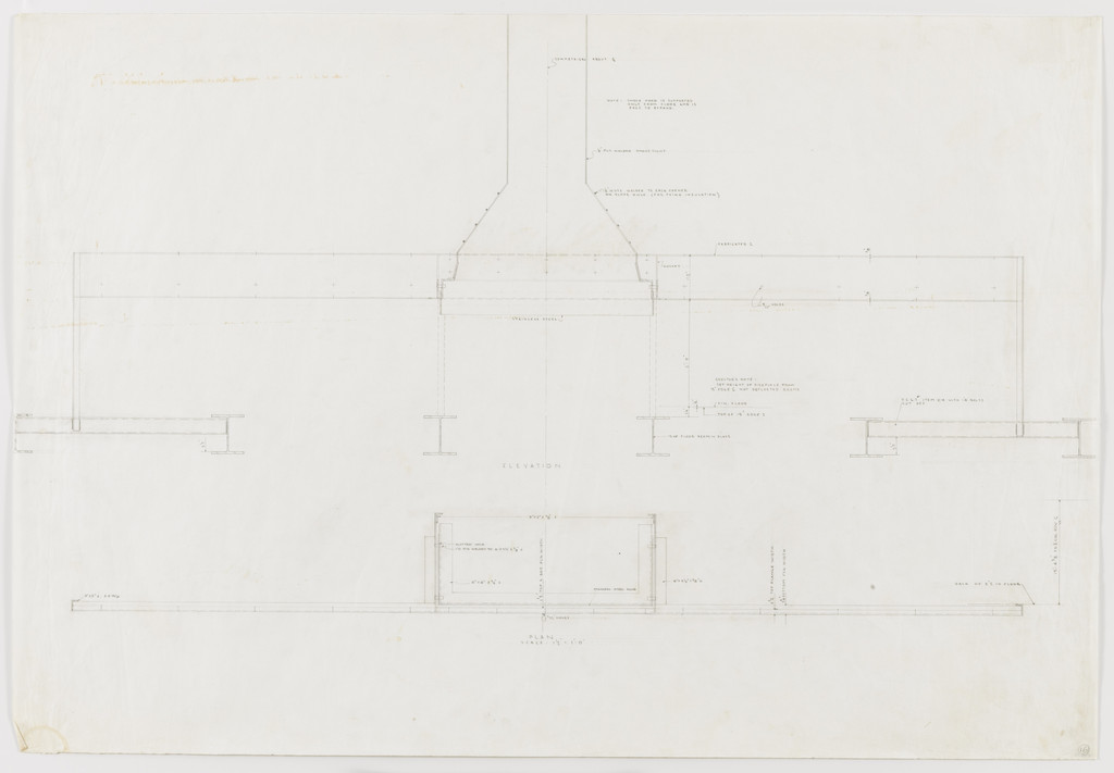 Farnsworth House, Plano, Illinois (Fireplace. Plan, elevation)