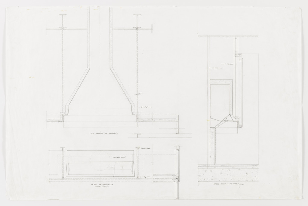 Farnsworth House, Plano, Illinois (Plan, cross-section, and section of fireplace)