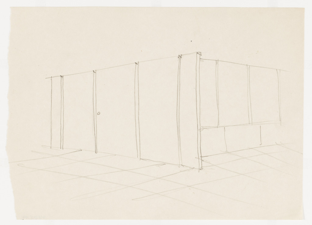 Farnsworth House, Plano, Illinois (Doors and central core.  Interior perspective)