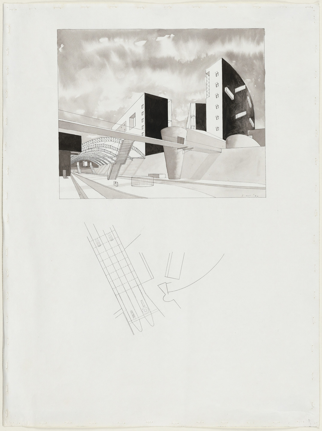 Steven Holl. Porta Vittoria, project, Milan, Italy, New subway station opening onto elongated gap, perspective and plan. 1986