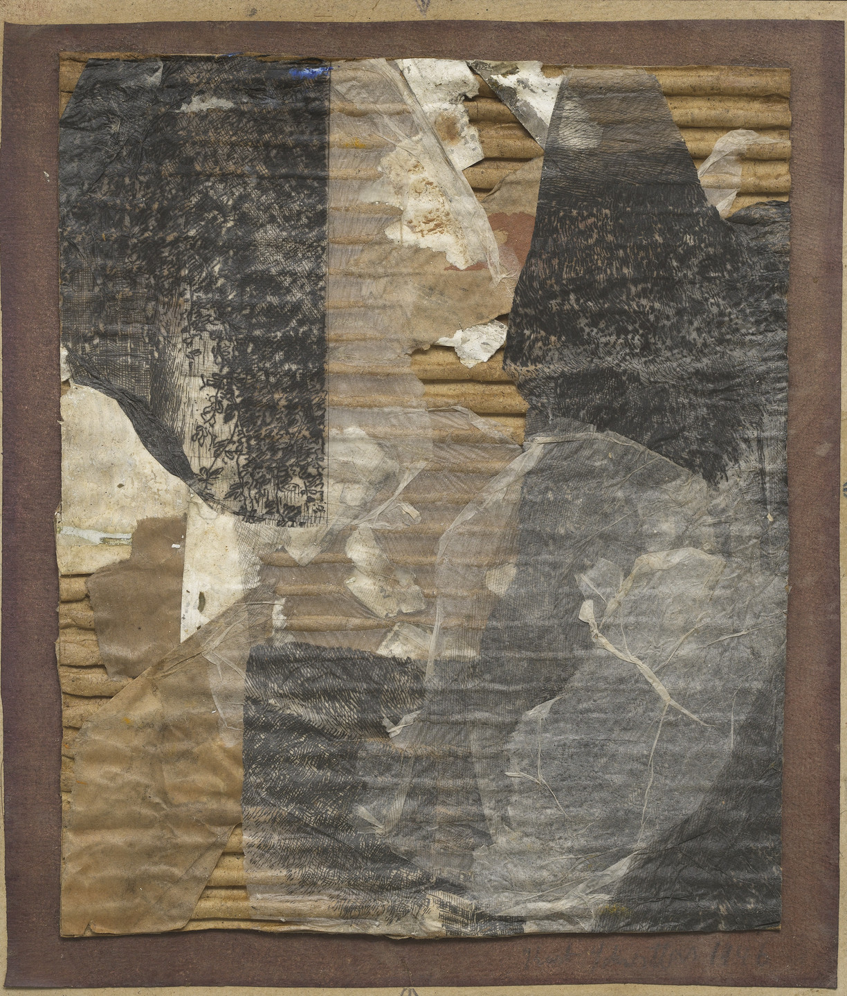 The image features a collage of crumpled papers with varying textures and folds, predominantly in earthy tones of brown, beige, and black. Torn and wrinkled black and grey patches overlay a corrugated cardboard background. This is an AI generated description. To give feedback, email ai@moma.org.