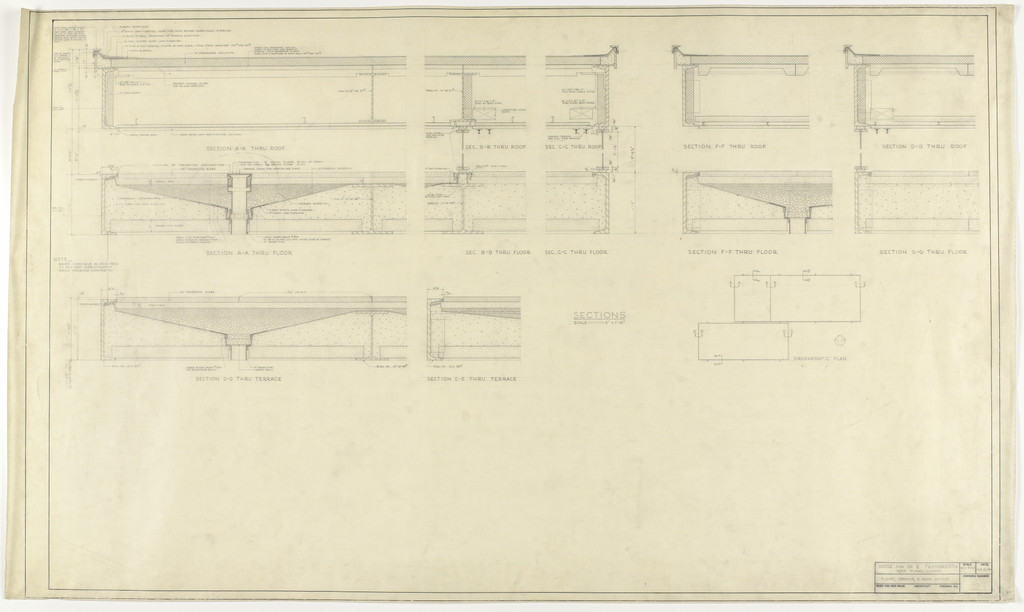 Farnsworth House, Plano, Illinois (Floor, terrace and roof details)