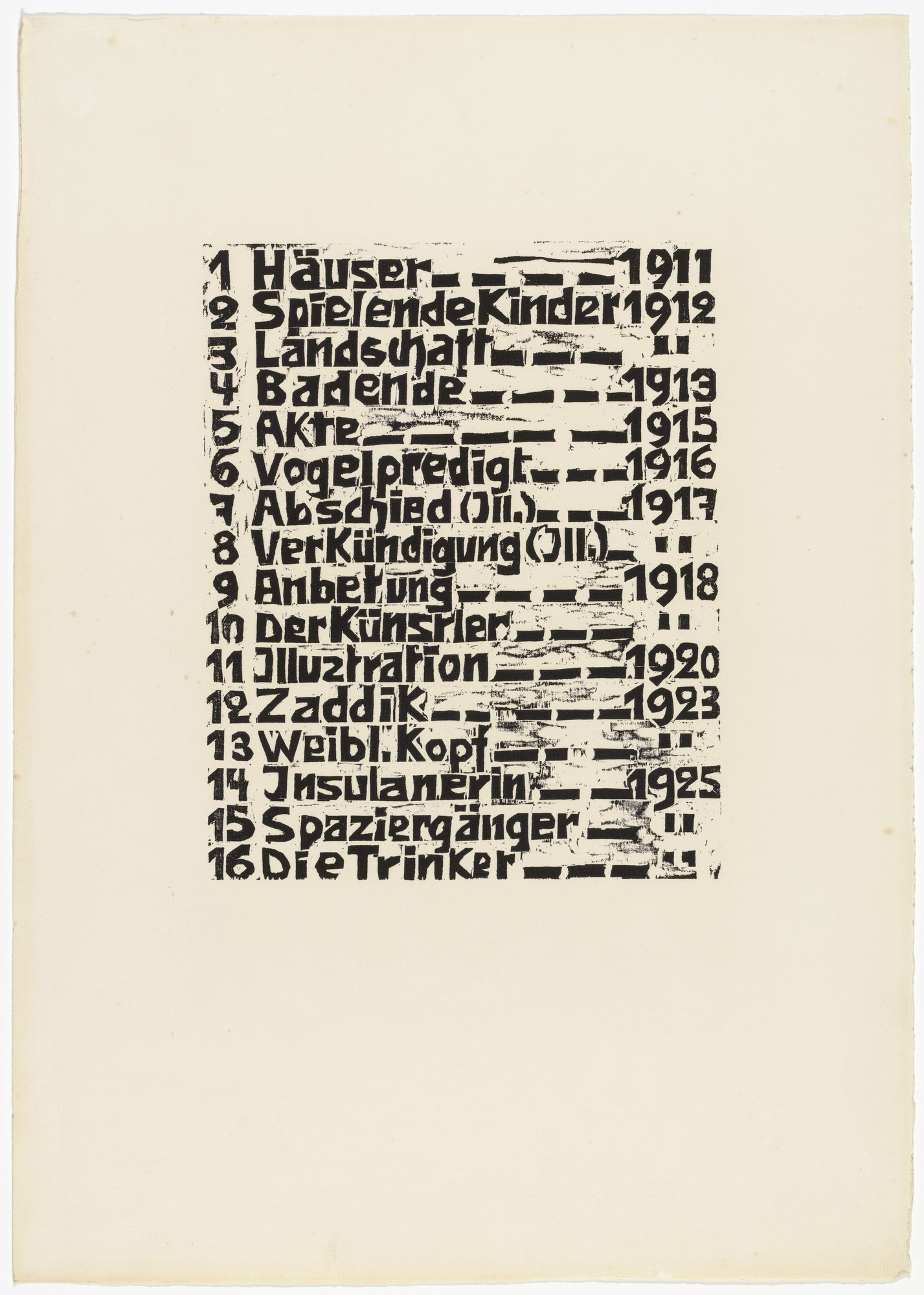 Walter Helbig. Table of Contents (Oglavlenie) from 16 Woodcuts (16 Holzschnitte)