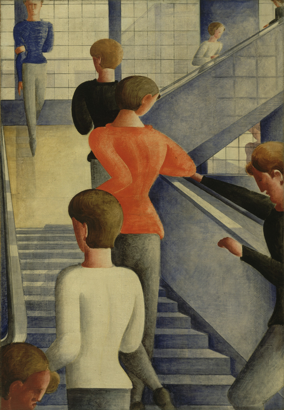 The image shows people on a staircase and an escalator in a building with tiled walls and muted colors. Predominant colors are blue, gray, white, and red. This is an AI generated description. To give feedback, email ai@moma.org.