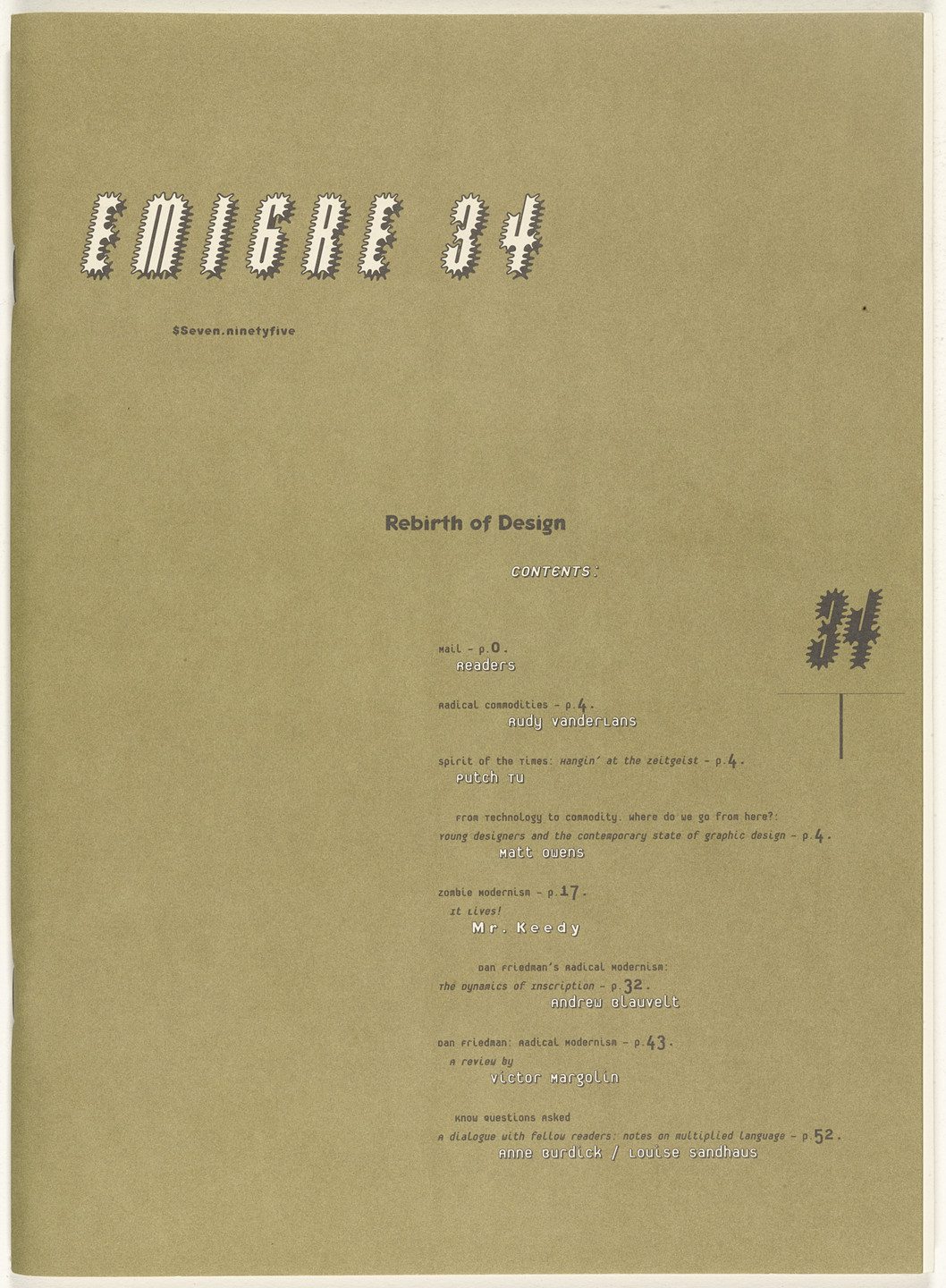 Emigre Inc., Rudy VanderLans, Zuzana Licko. Emigre 34, The Rebirth of Design. 1995