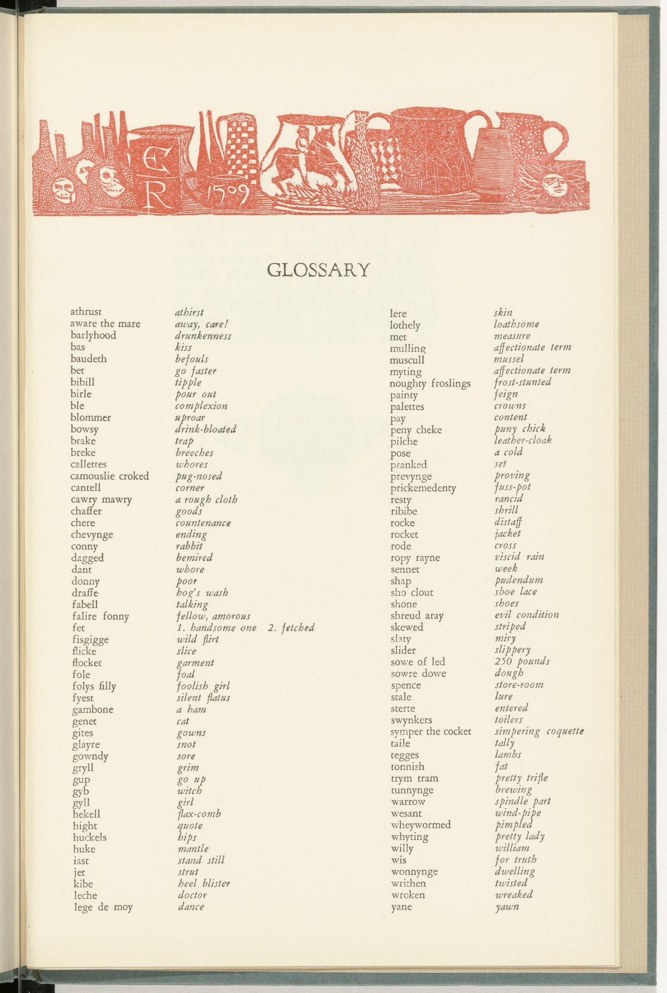 Leonard Baskin. Headpiece (glossary) from The Tunning of Elynour Rummynge