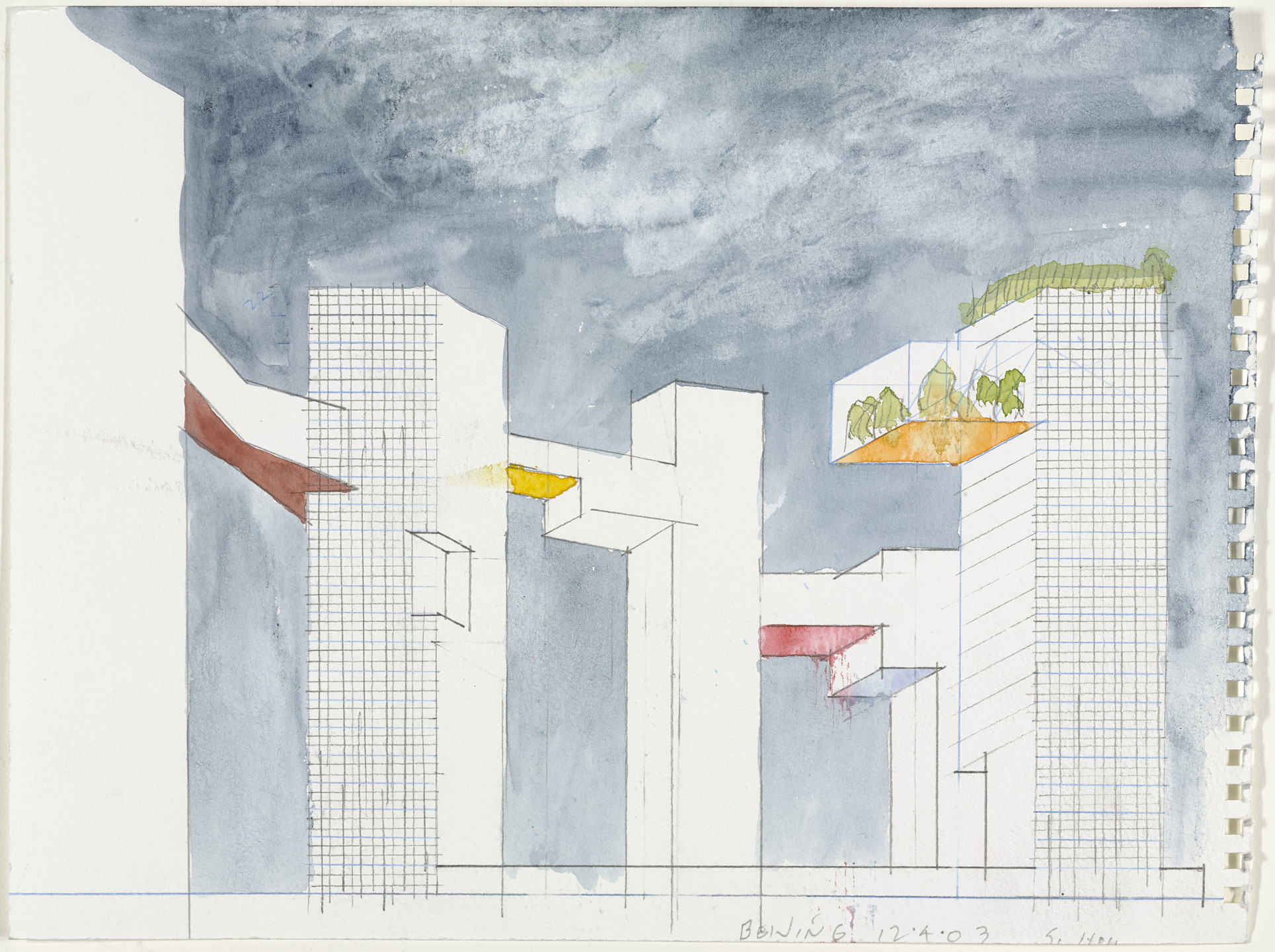 Steven Holl. Linked Hybrid, Beijing, China (Perspective sketch). 2003