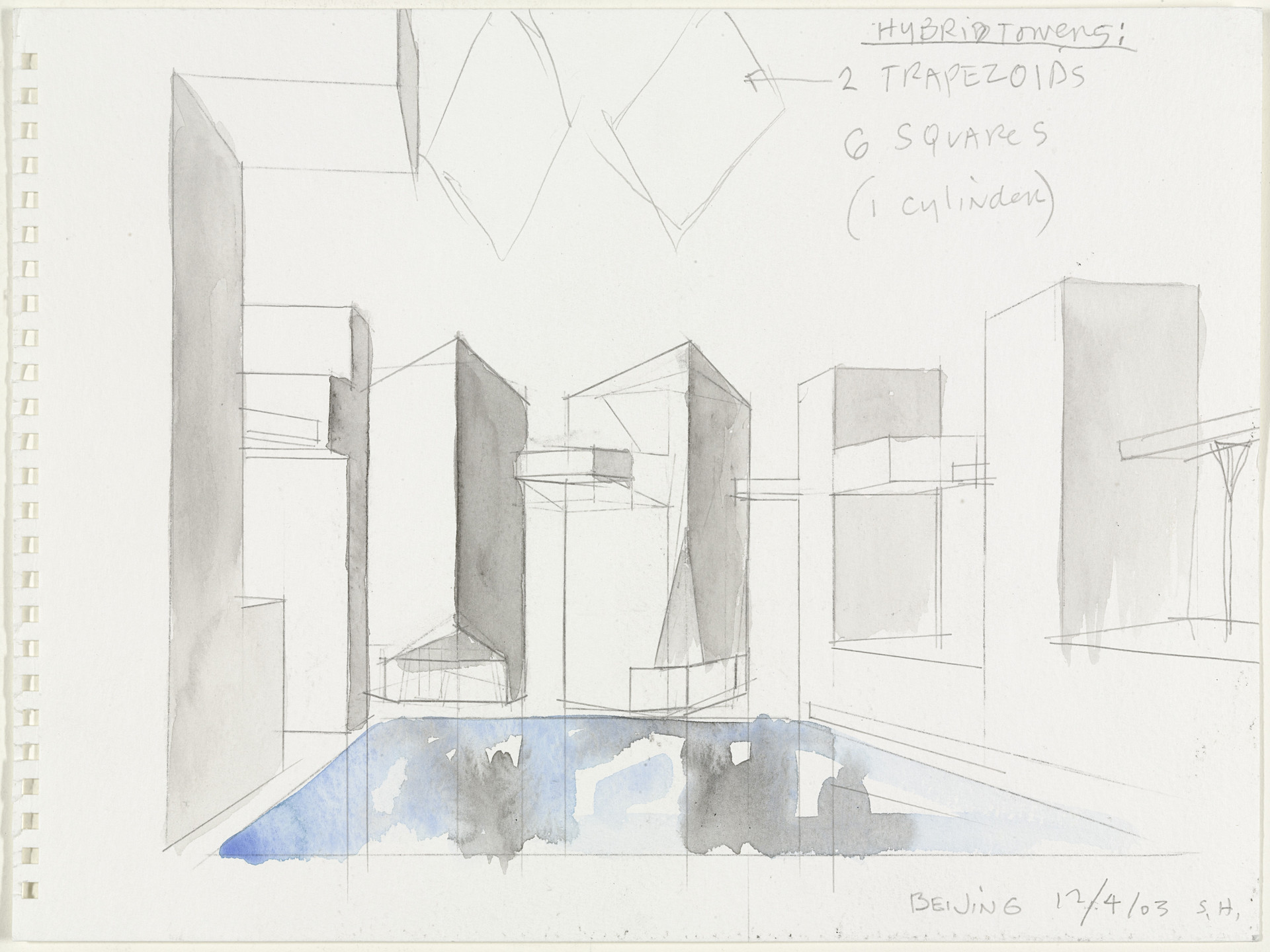 Steven Holl. Linked Hybrid, Beijing, China (Perspective sketch). 2003