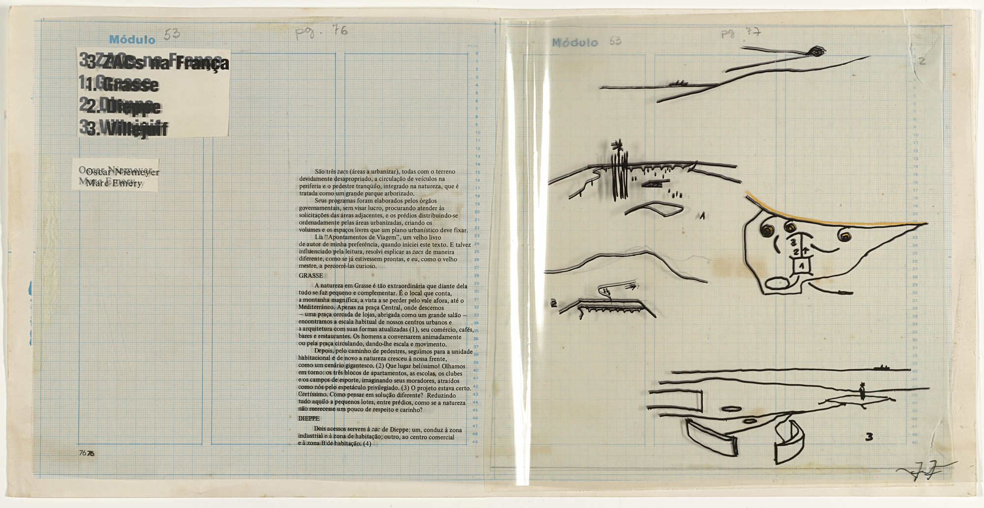 Oscar Niemeyer. Urban Plans (ZAC) Projects for Grasse, Dieppe, and Villejuif, France, Aerial perspectives and plan for Grasse in maquette for Modulo Journal No. 53