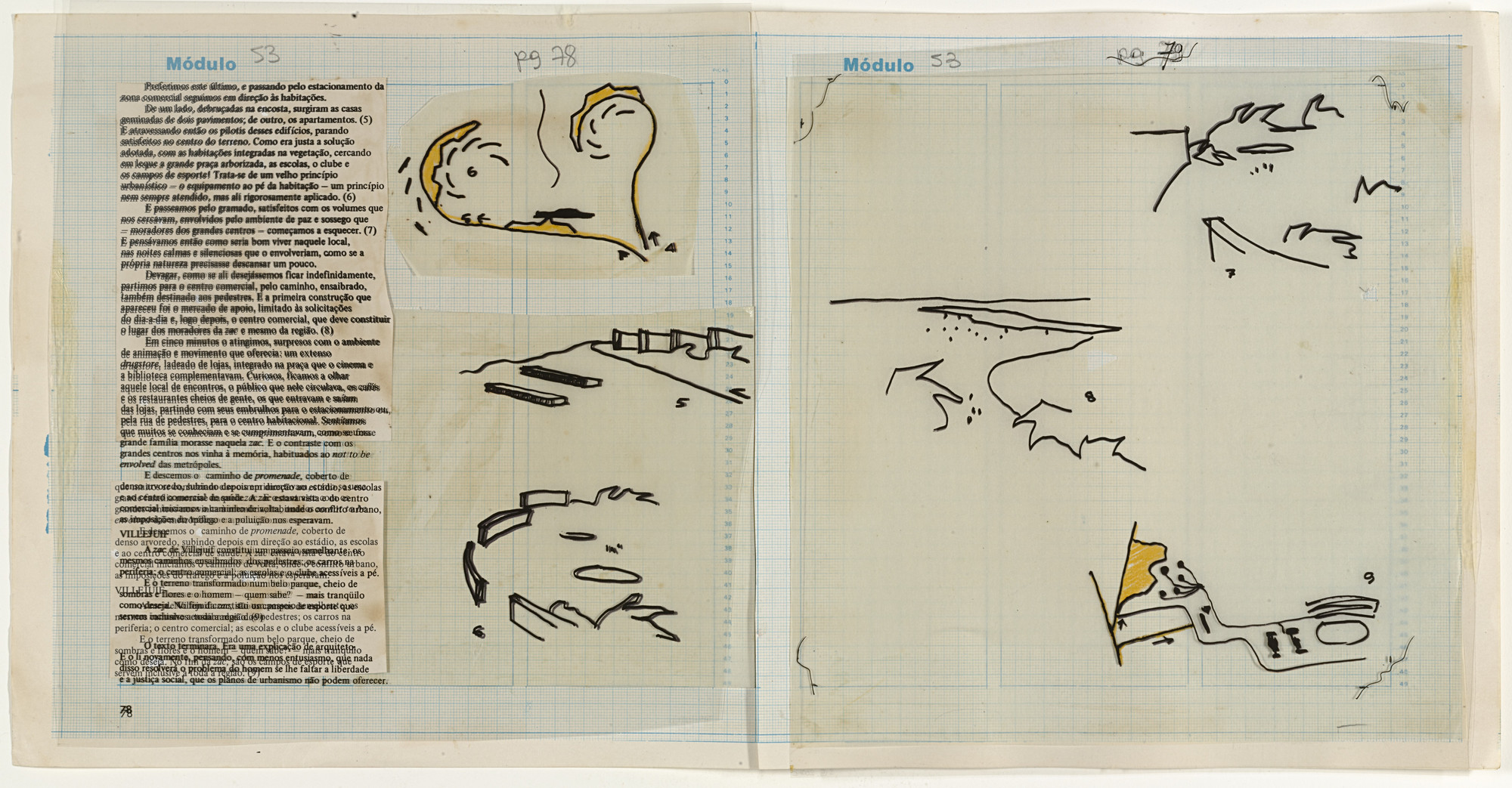 Oscar Niemeyer. Urban Plans (ZAC) Projects for Grasse, Dieppe and Villejuif, France, Aerial perspectives and plans for Dieppe and Villejuif in maquette for Modulo Journal No. 53