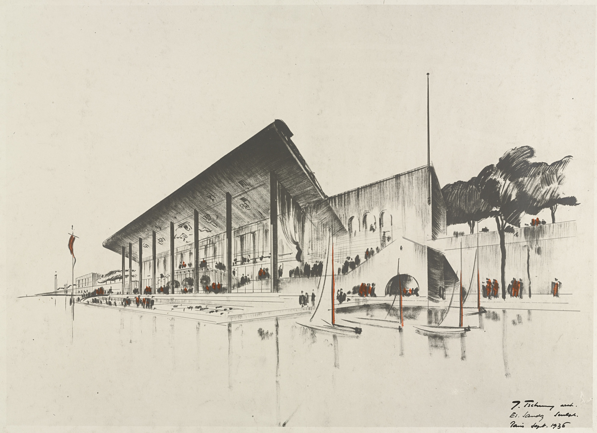 Jean Tschumi, Edouard-Marcel Sandoz. Swiss Pavilion, Paris World&#39;s Fair, project, Exterior perspective. 1937